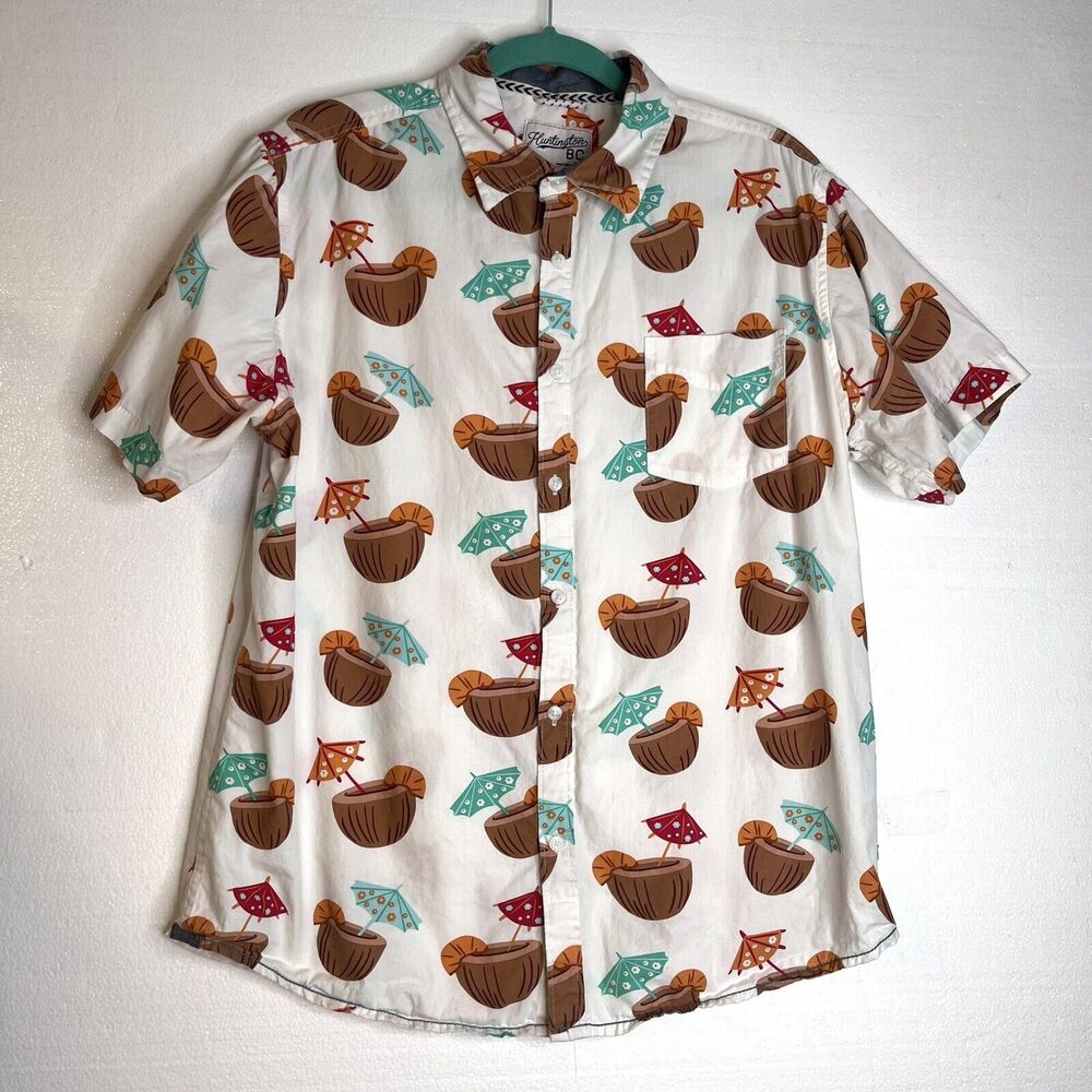 Huntington BC Coconut Tiki Drink Button Down Hawaiian Tropical Shirt size large